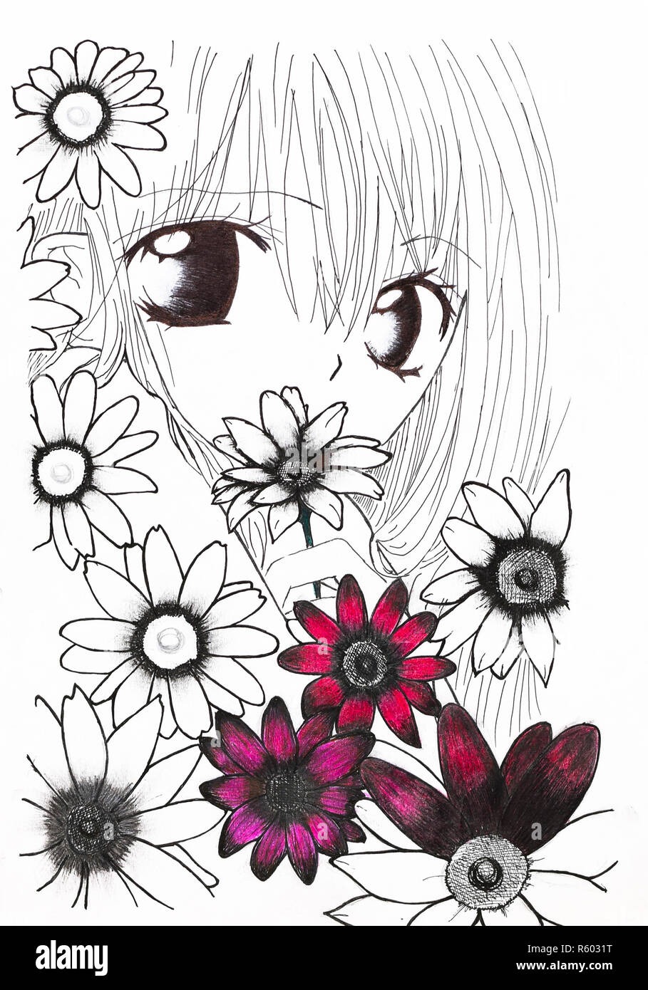 Drawing in the style of anime. Picture of a girl in the flowers Stock Photo  - Alamy