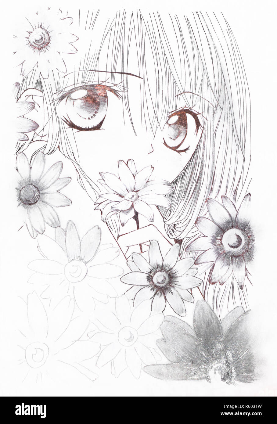 Drawing in the style of anime. Picture of a girl in the flowers Stock Photo  - Alamy