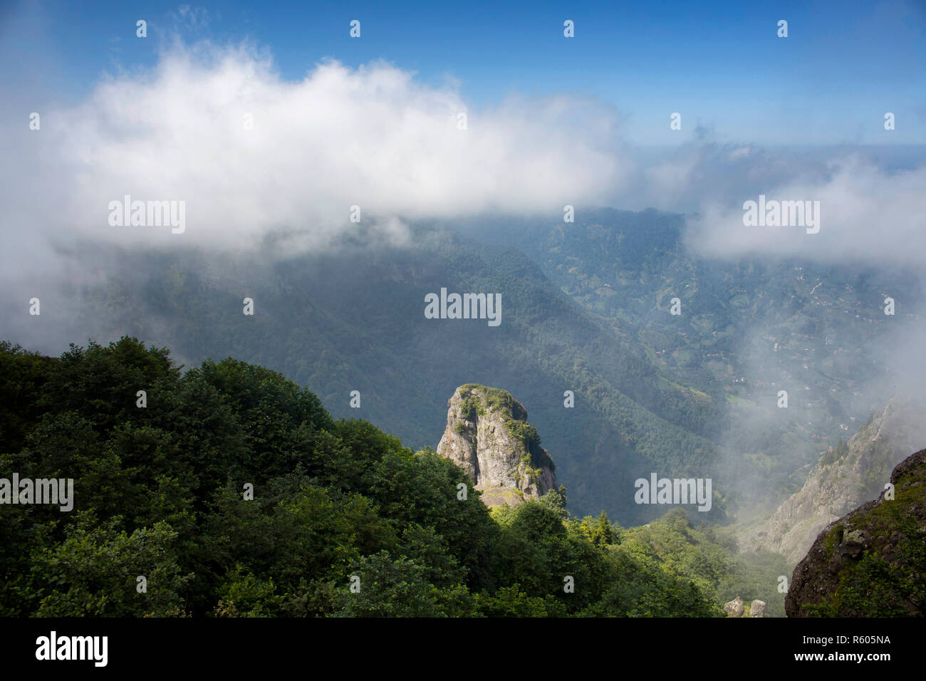 View of mountains, forests, valleys in fog creating beautiful nature scene. The image is captured in Trabzon/Rize area of Black Sea region located at  Stock Photo