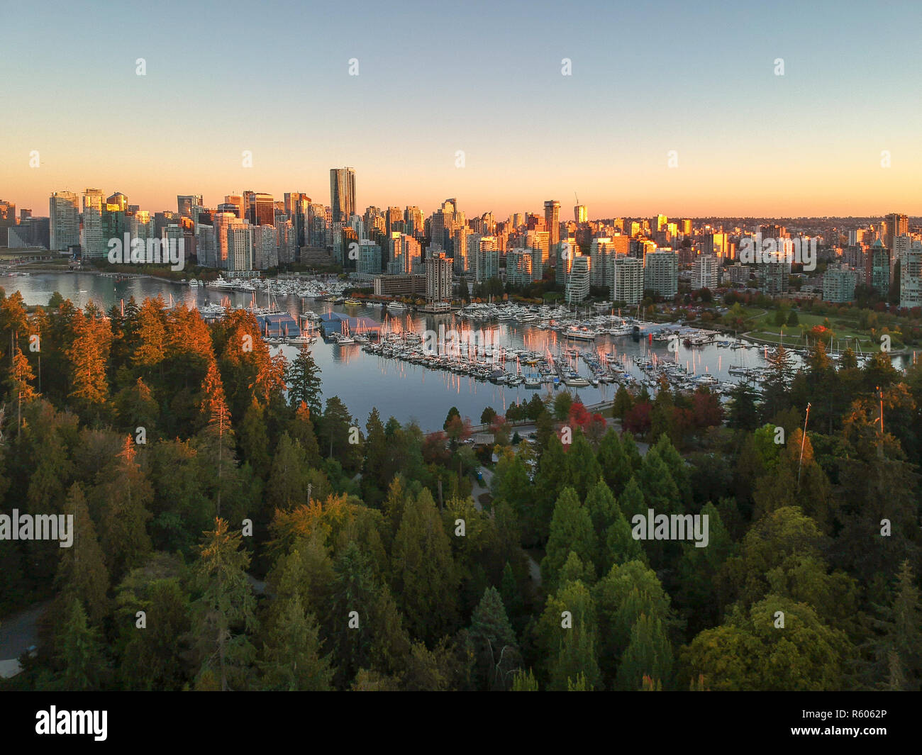 Aerial view of the Vancouver Downtown Skyline at dusk from Stanley Park ...