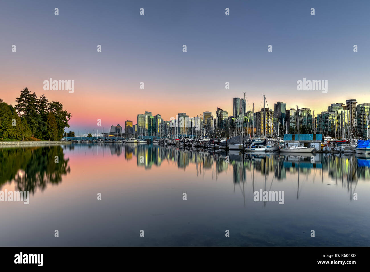 Vancouver Downtown Skyline at dusk from Stanley Park, Canada Stock ...