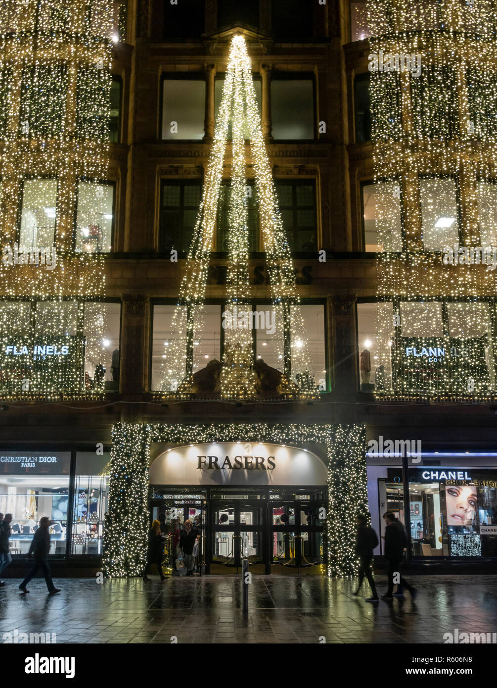 Exterior or and entrance to the Frasers Department Store in Bucanan Street, central Glasgow, Scotland, decorated with cascading lights for Christmas.  Stock Photo