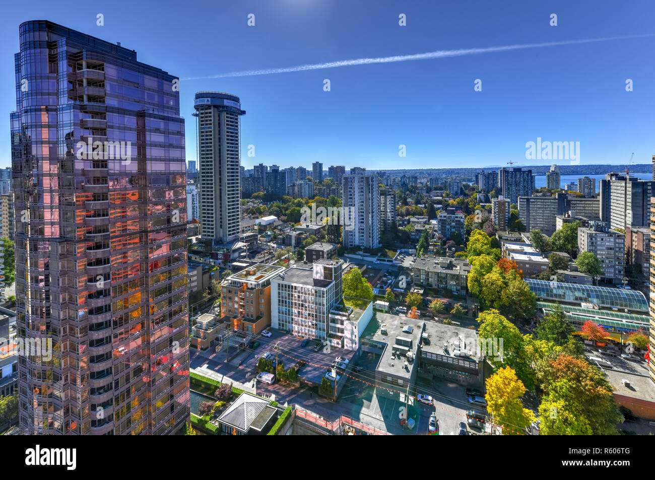 Aerial view of the modern city skyline of Vancouver, British Columbia, Canada during a sunny day. Stock Photo