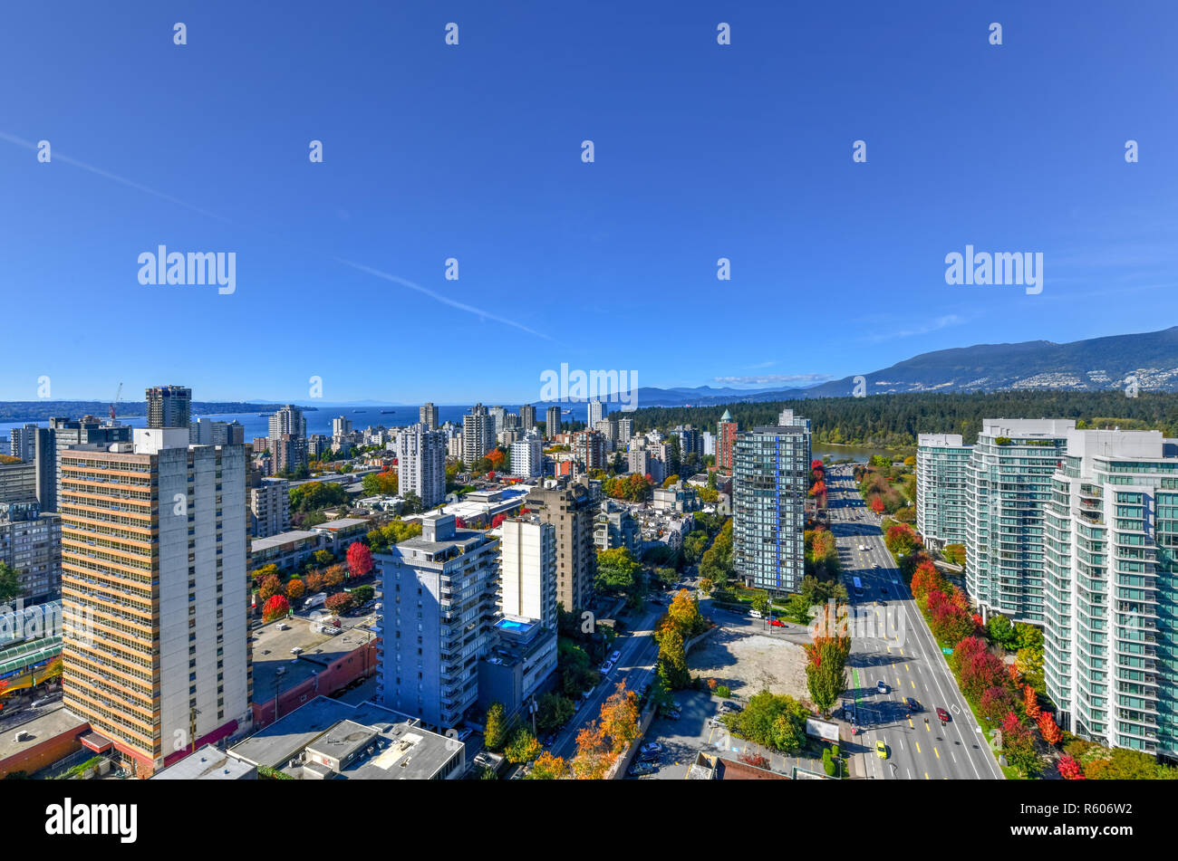 Aerial view of the modern city skyline of Vancouver, British Columbia, Canada during a sunny day. Stock Photo