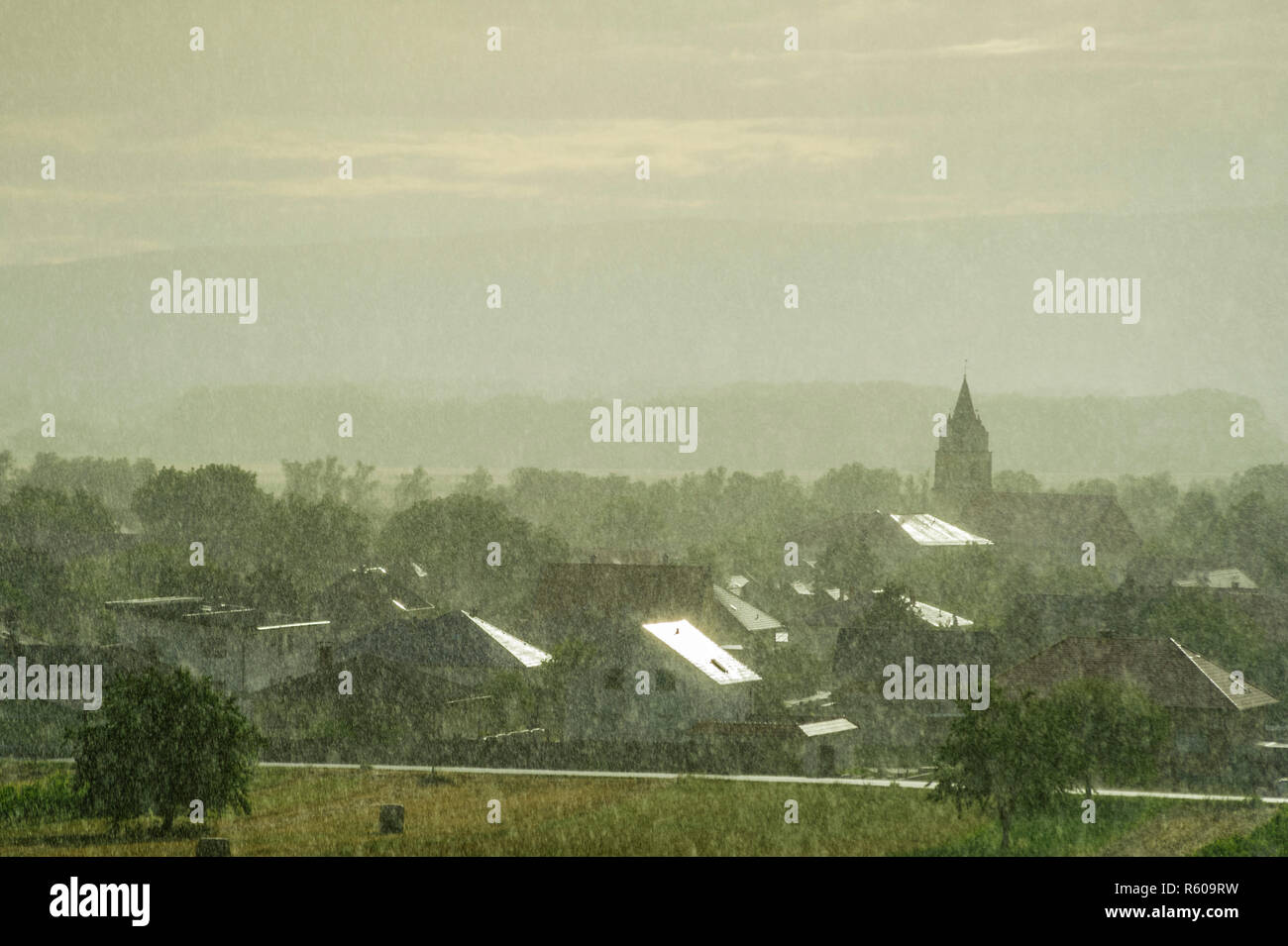 village on the land in the rain Stock Photo
