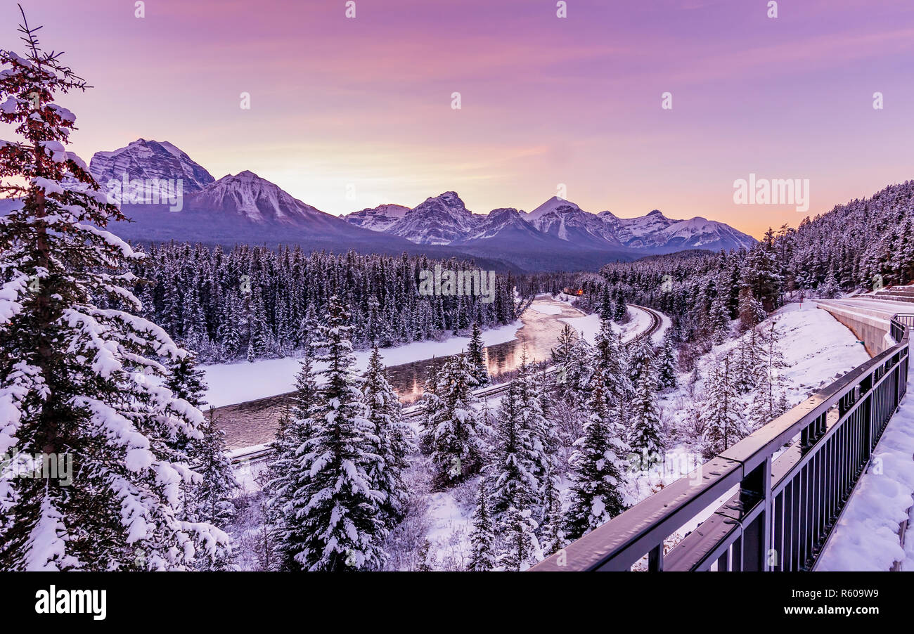 Sunset at Morant's Curve in Banff National Park Stock Photo
