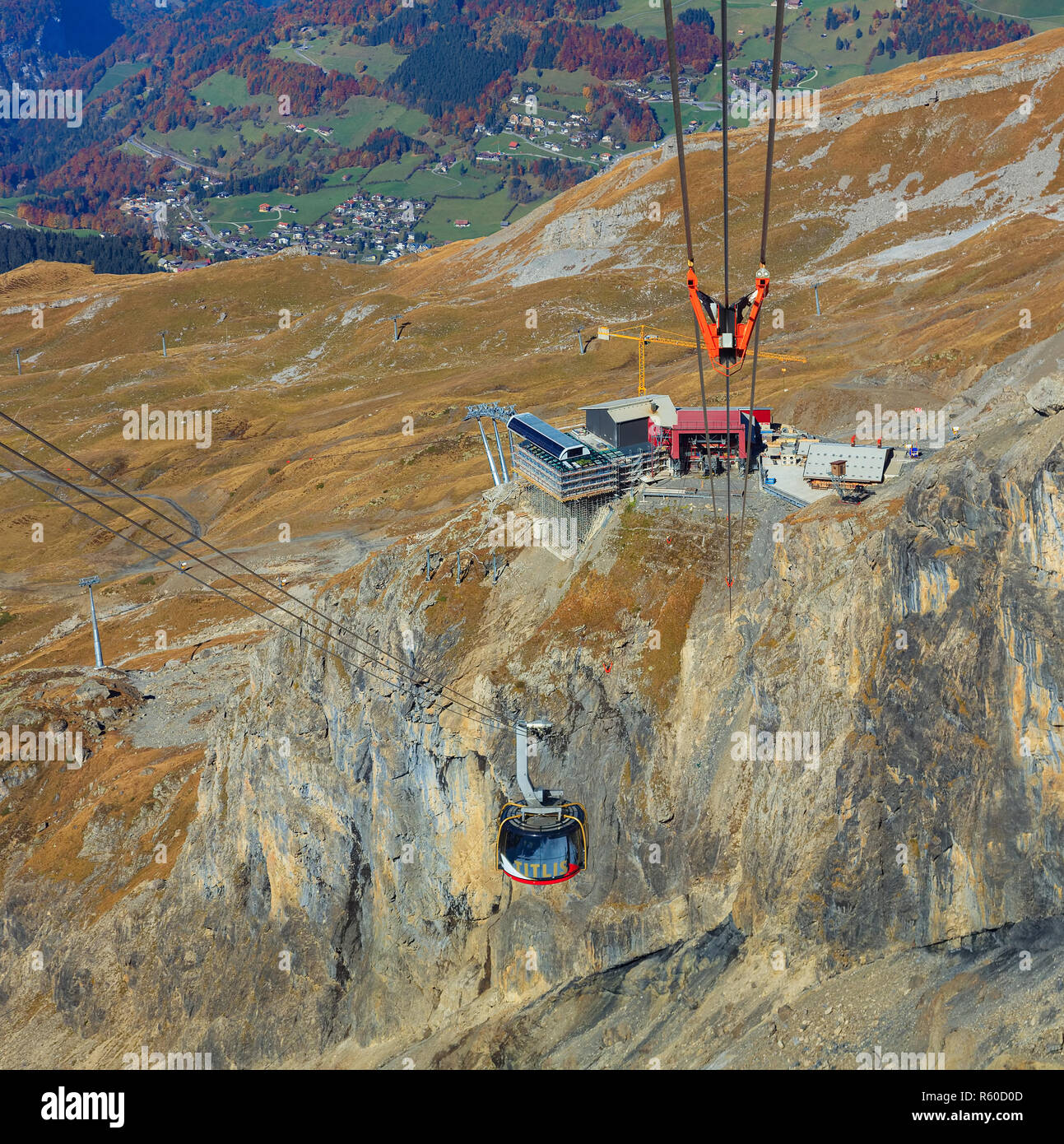 Rotair overhead cable car on Mt. Titlis, Switzerland, view from the station on the top of the mountain. Stock Photo