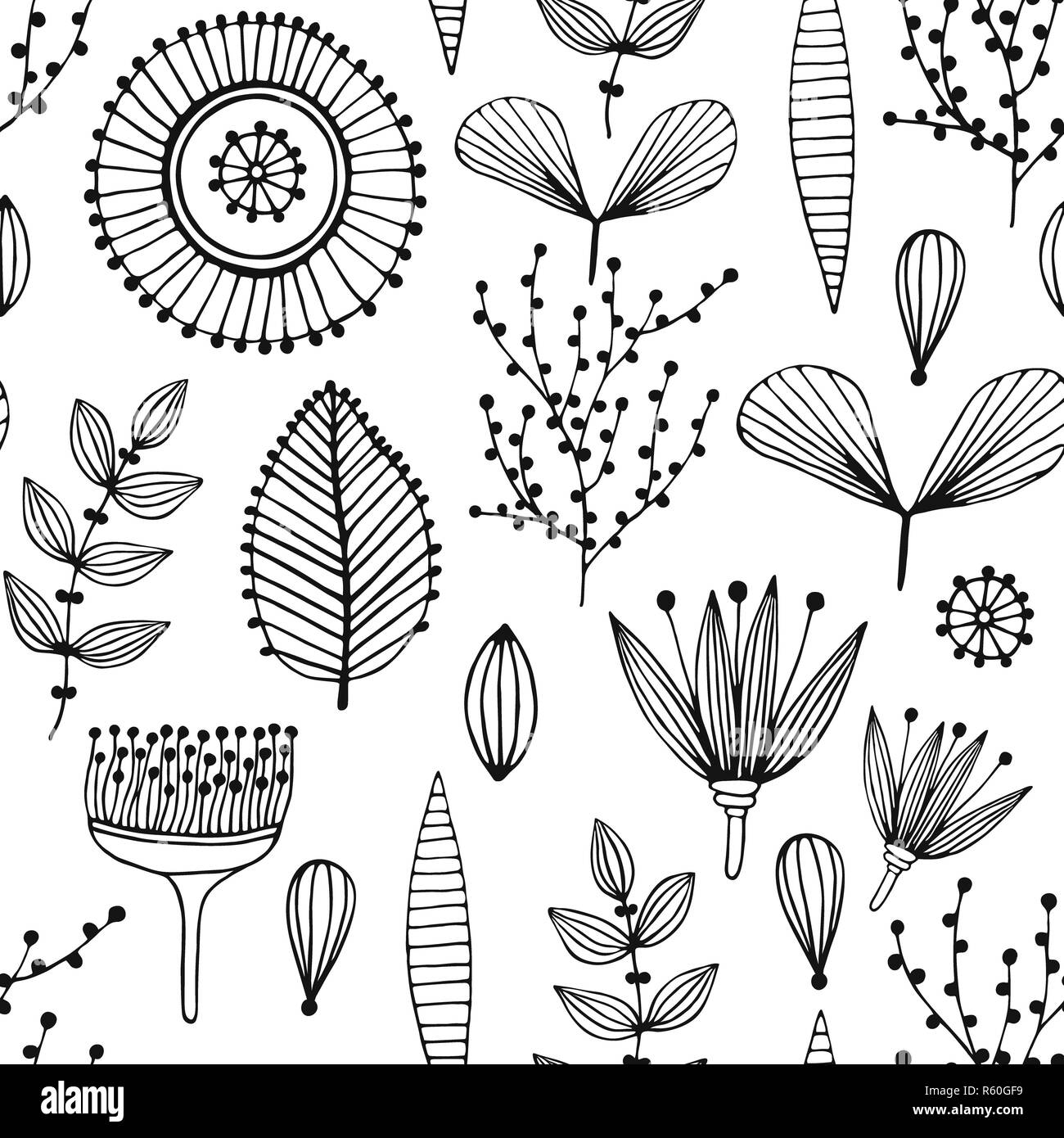 Floral seamless pattern. Hand drawn creative flowers. Lines and strips. Abstract herbs. Outline. Creative design Stock Photo