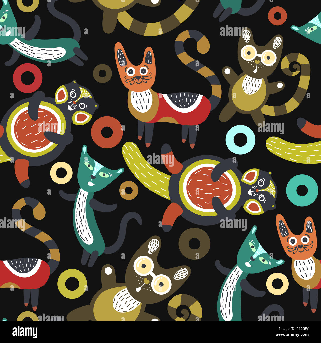 Seamless pattern with funny cats. Artistic background with cute kittens. Colorful animals. Favorite pets Stock Photo