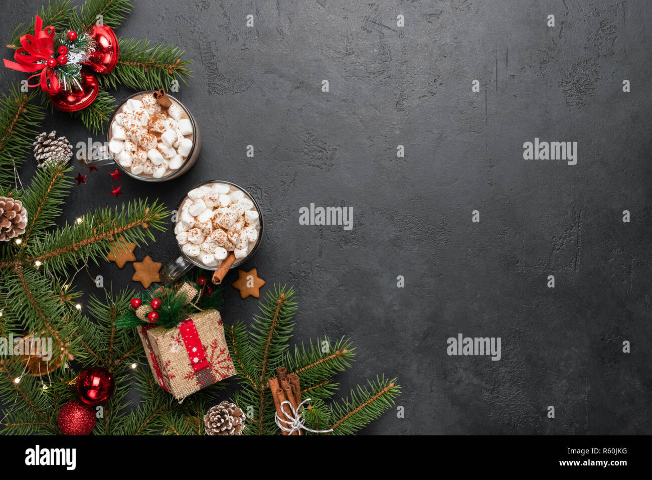 Christmas background with decorations and copy space for text. Christmas greeting card or design template with copy space for text. Stock Photo