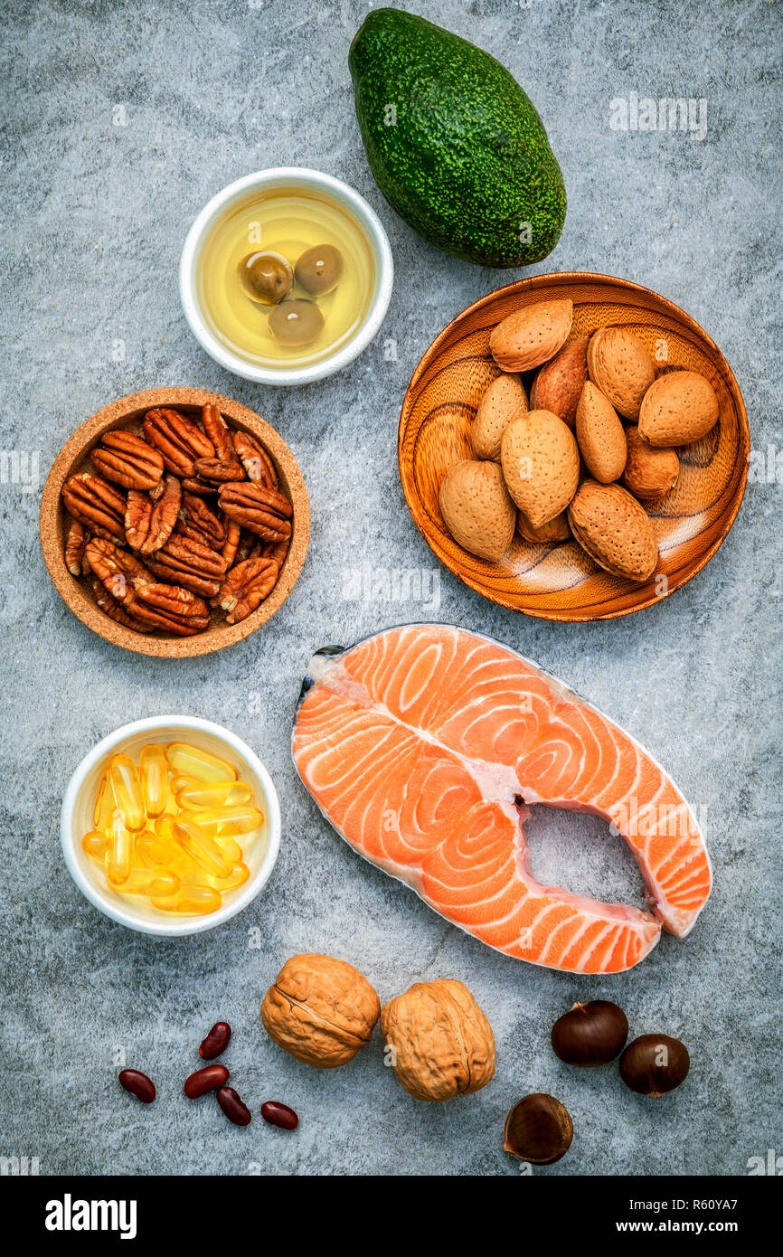 Selection food sources of omega 3 and unsaturated fats. Super food high omega 3 and unsaturated