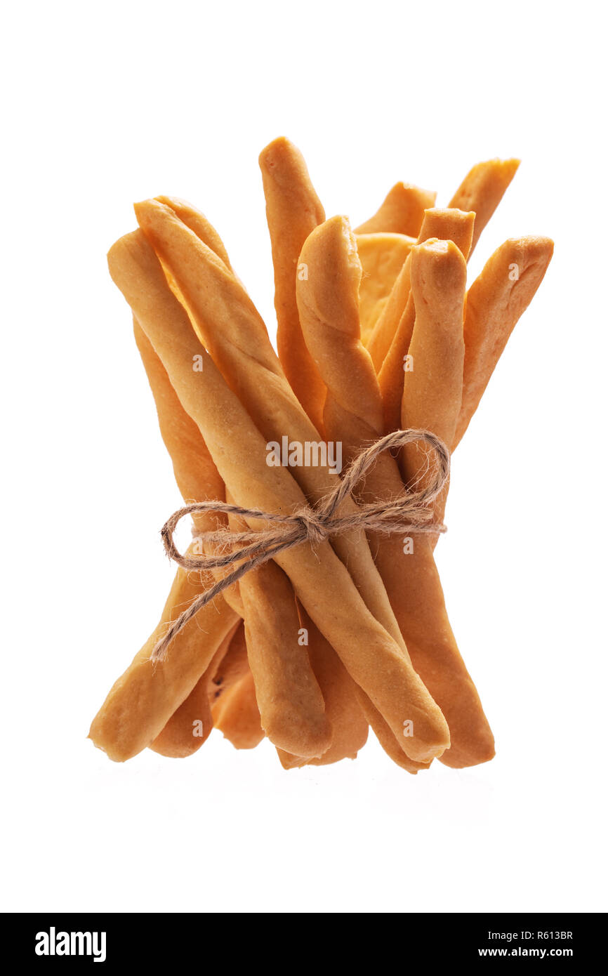 Baked Cheese breadsticks isolated on white background Stock Photo