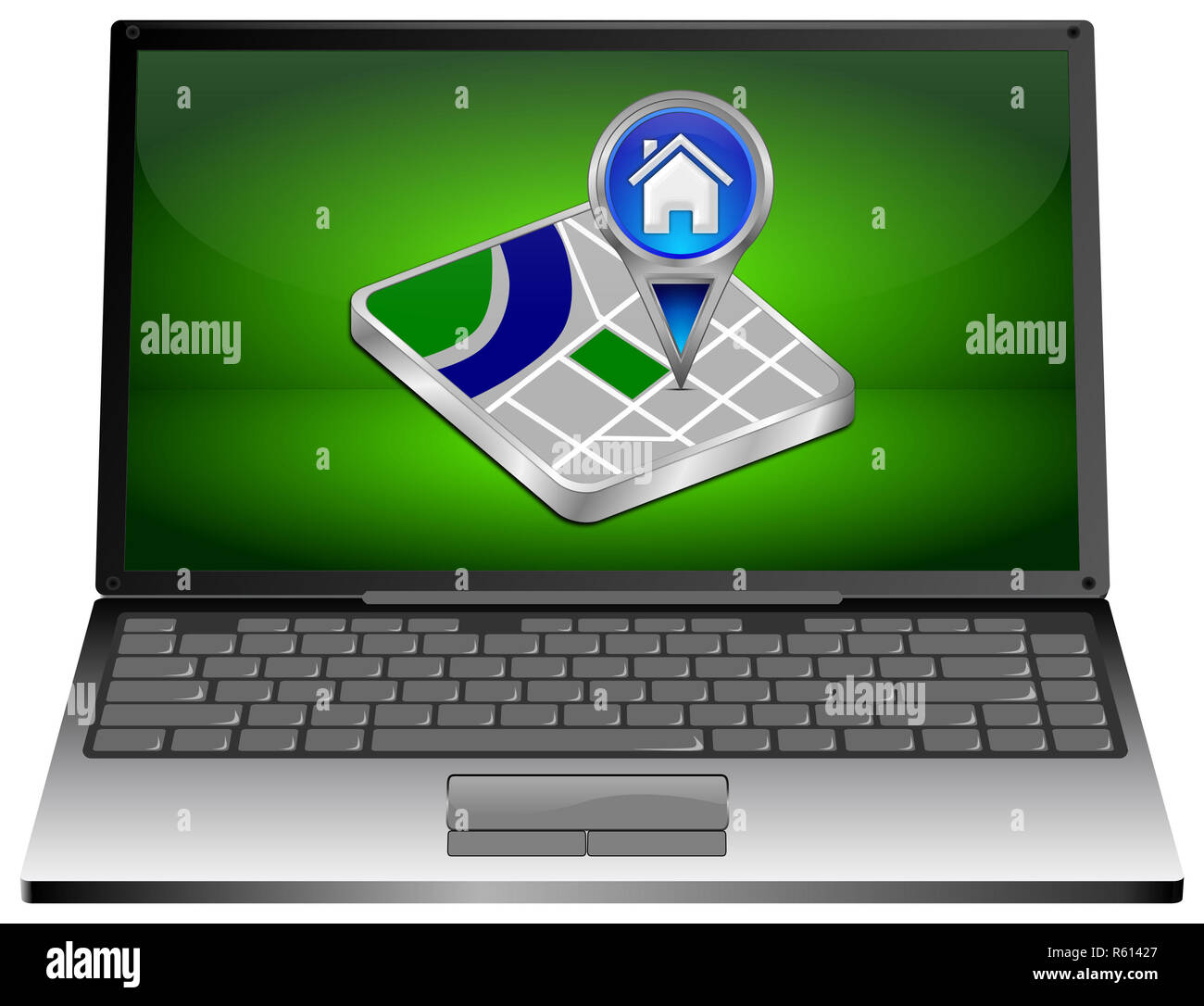 Laptop Computer with blue Home map pointer - 3D illustration Stock Photo