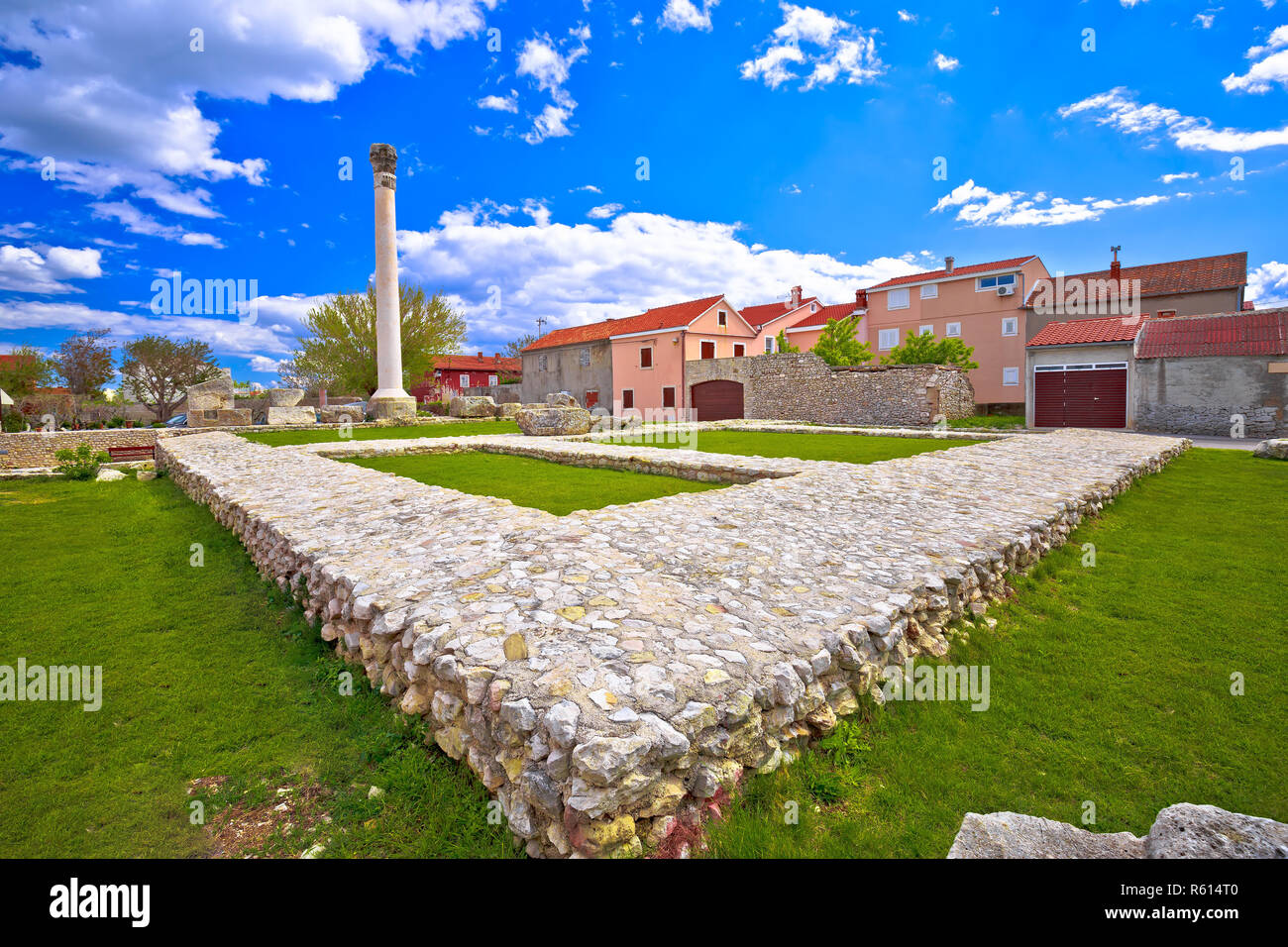 Old roman ruins and colorful architecture in town of Nin Stock Photo