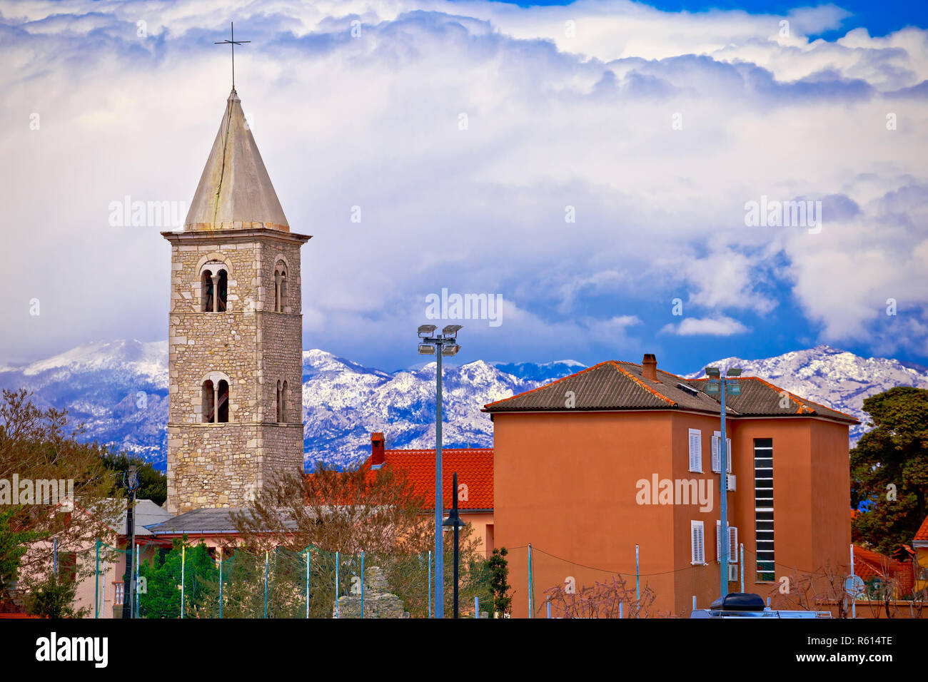 Town of Nin and Velebit mountain background Stock Photo