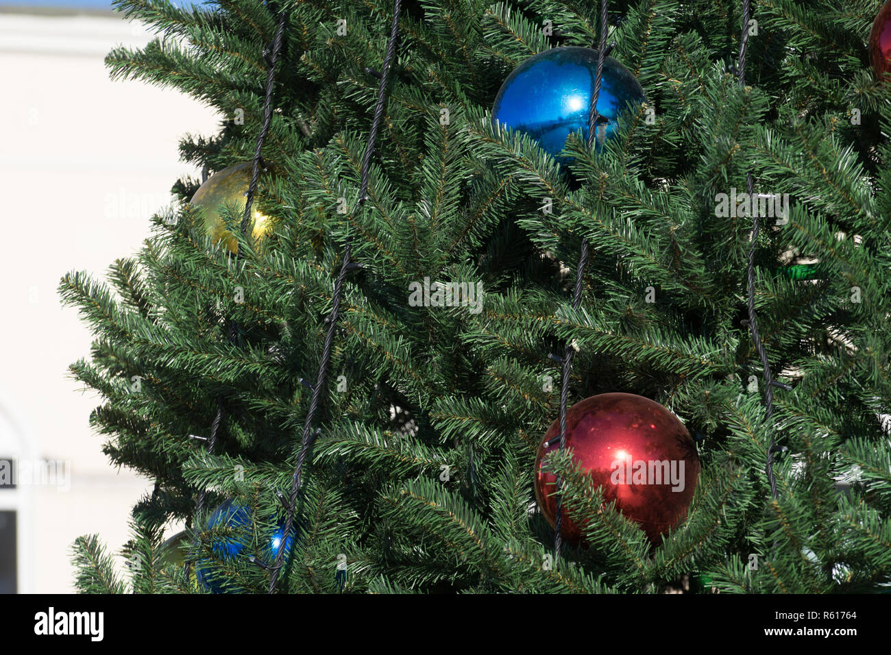 background with artificial fir branches and colored balls Stock Photo