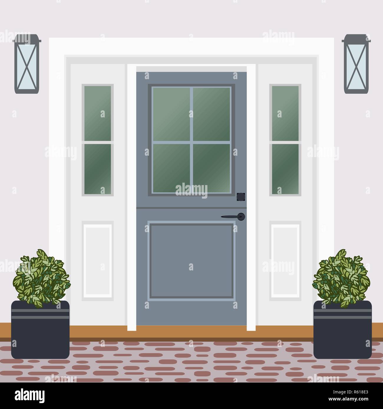 House door front with doorstep and lamps, flowers, entry facade building,  exterior entrance design illustration vector in flat style Stock Vector  Image & Art - Alamy