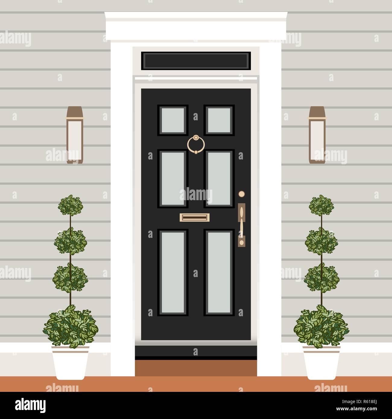 House door front with doorstep and steps porch, window, lamp, flowers in  pot, building entry facade, exterior entrance design illustration vector  flat style Stock Vector