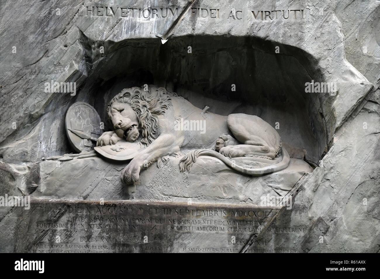 The Lion Monument or the Lion of Lucerne, designed by Bertel Thorvaldsen is a rock relief in Lucerne, Switzerland Stock Photo