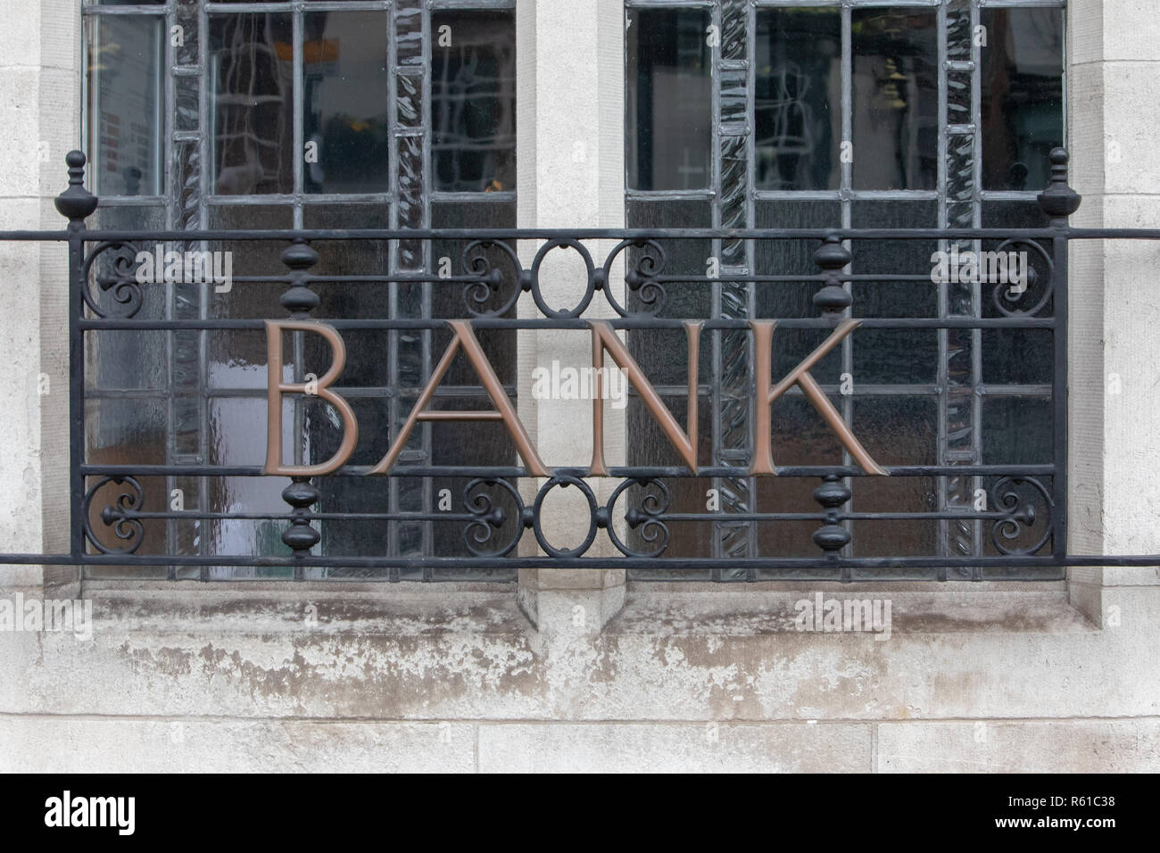 wrought iron railings on Lloyds bank frontage Lyndhurst Stock Photo - Alamy