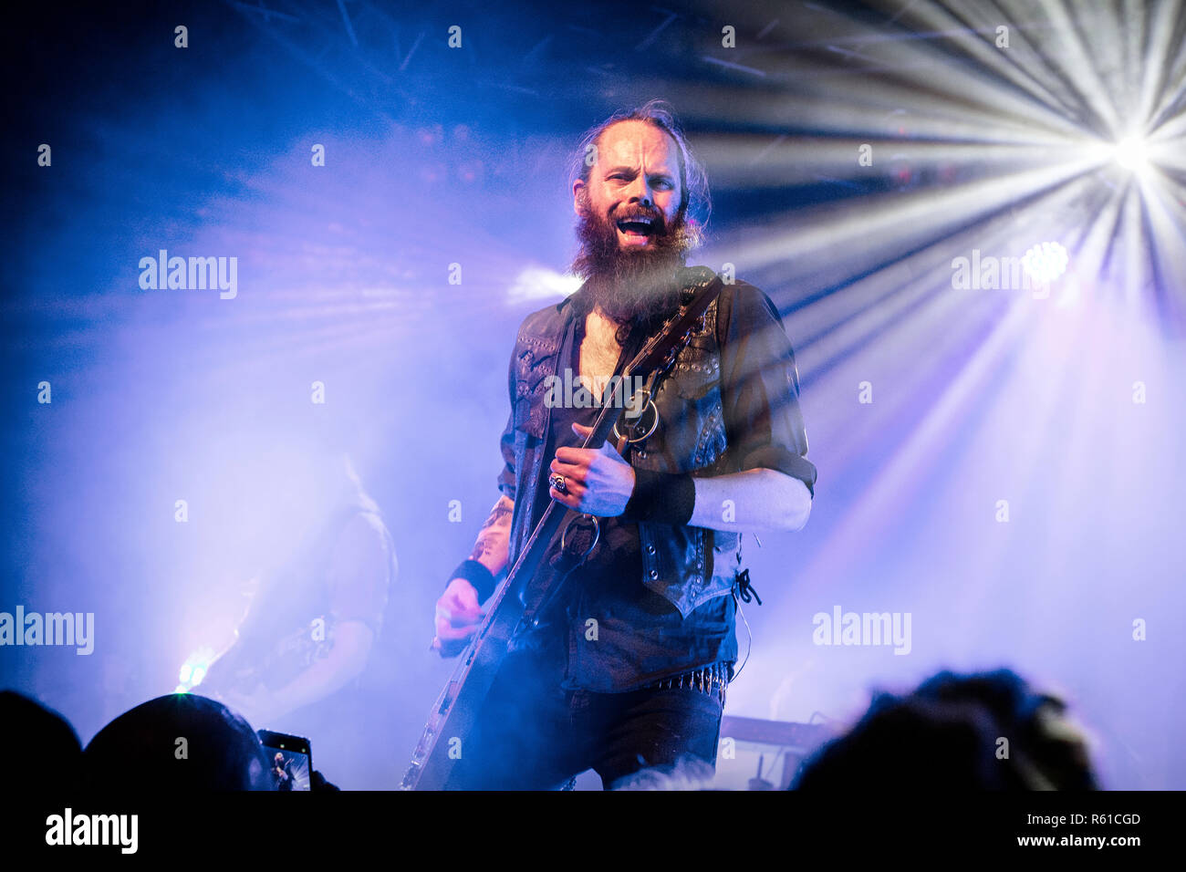 Norway, Oslo - November 30, 2018. The Icelandic heavy metal band Sólstafir performs a live concert at Vulkan Arena in Oslo. Here vocalist and guitarist Addi Tryggvason is seen live on stage. (Photo credit: Gonzales Photo - Terje Dokken). Stock Photo