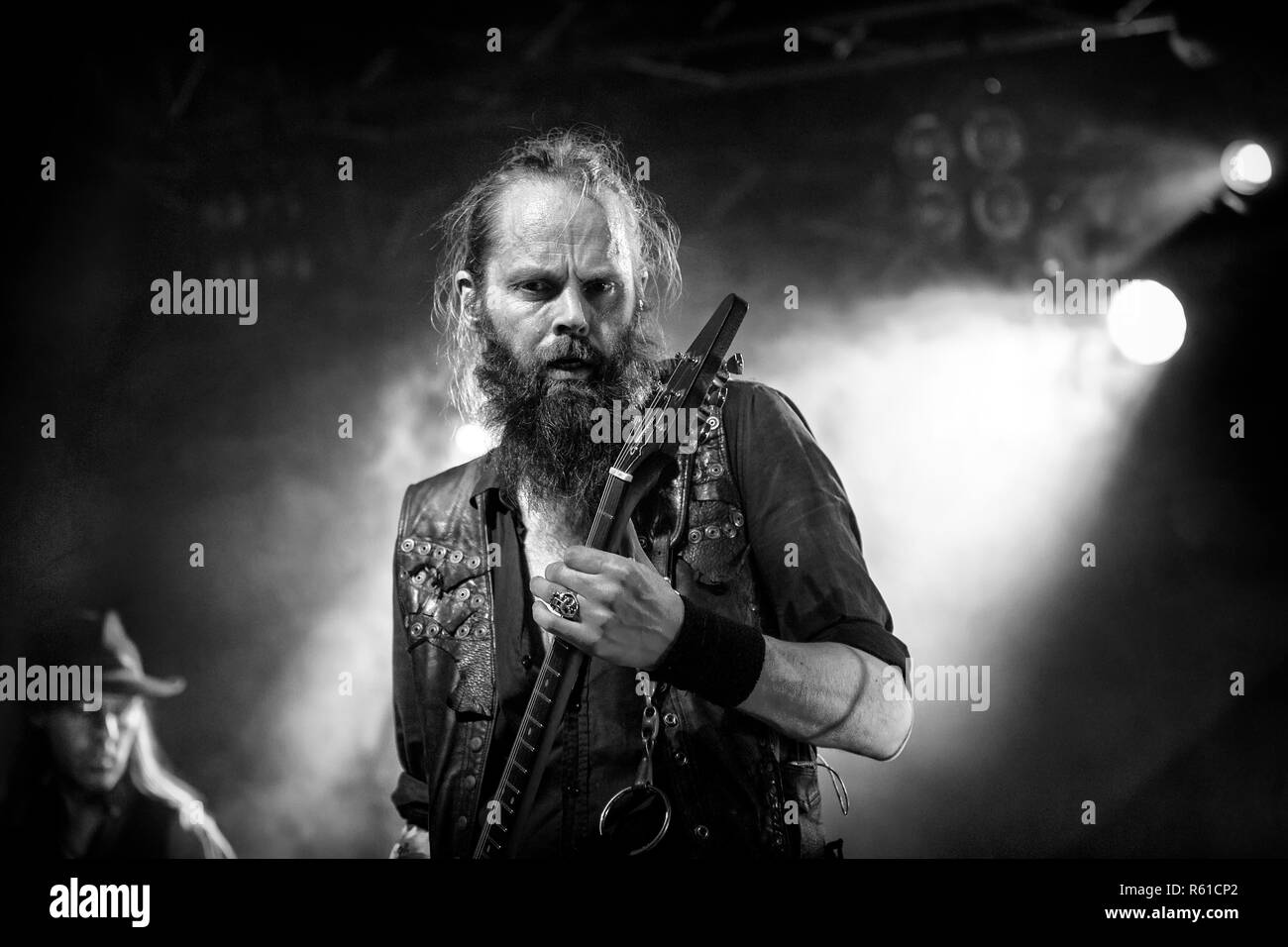 Norway, Oslo - November 30, 2018. The Icelandic heavy metal band Sólstafir performs a live concert at Vulkan Arena in Oslo. Here vocalist and guitarist Addi Tryggvason is seen live on stage. (Photo credit: Gonzales Photo - Terje Dokken). Stock Photo
