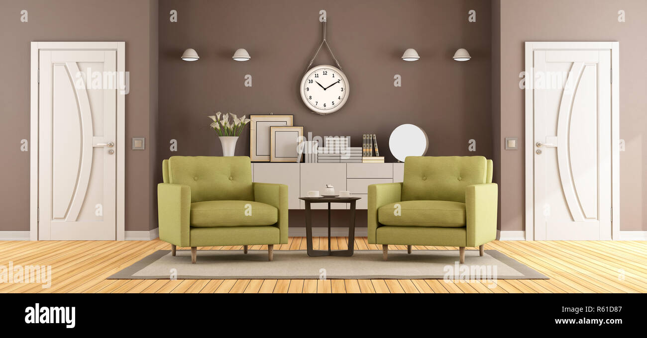 Brown and green living room Stock Photo - Alamy
