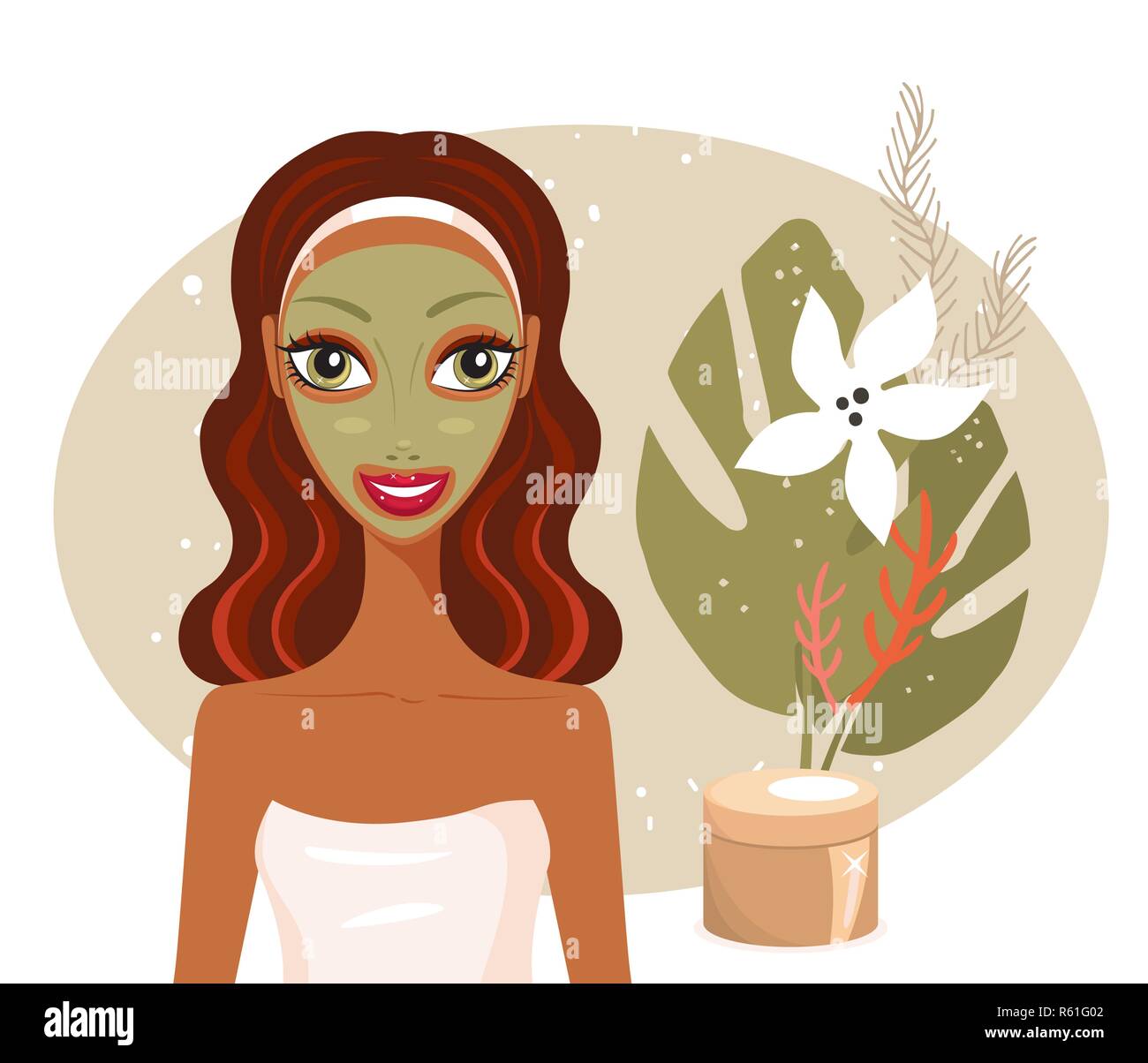 Beautiful happy woman with face mask Spa Skin care concept Vector