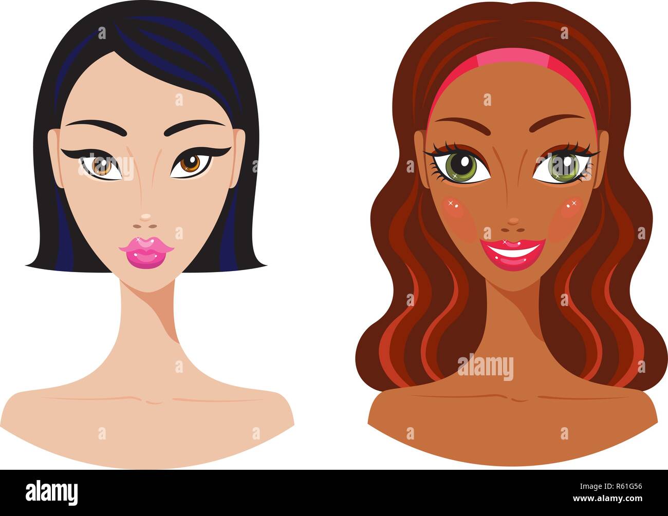 Beautiful young Asian and African American woman Cute girls faces Vector illustration Stock Vector