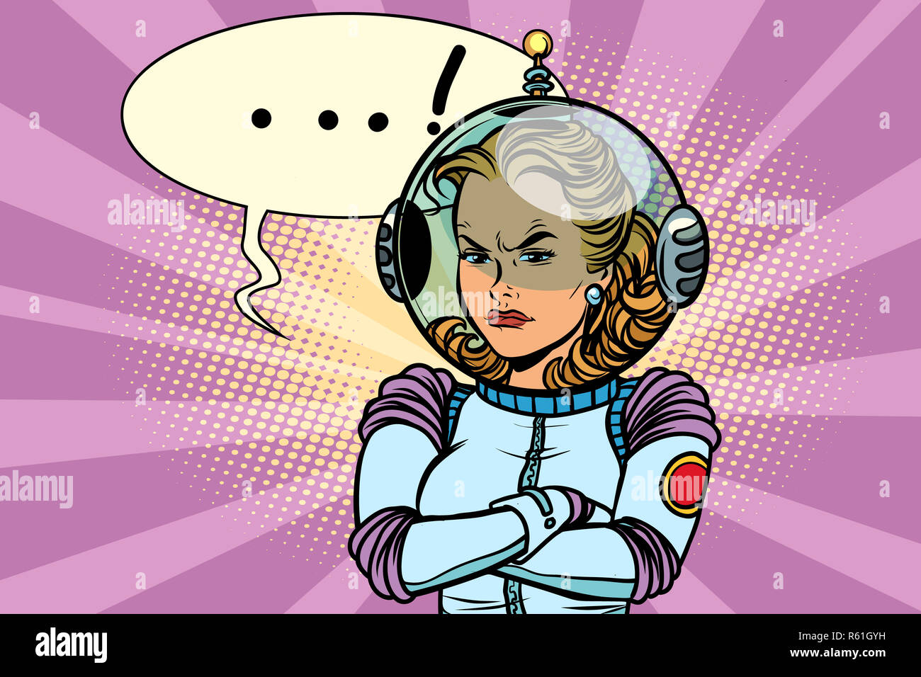 Comic illustration of angry woman astronaut Stock Photo