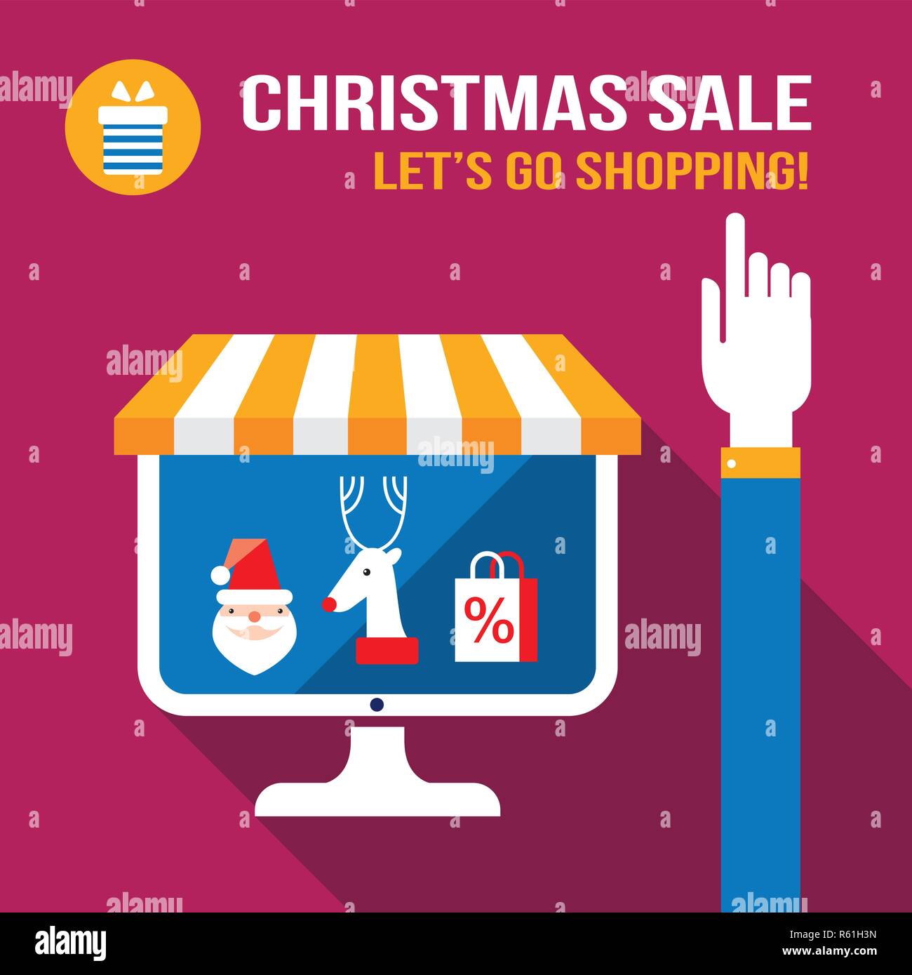 Computer with Christmas web icons on the screen Flat design style Stock Vector
