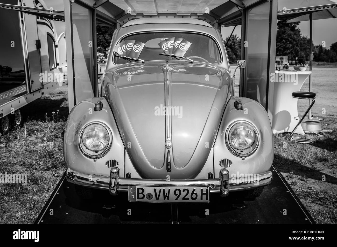 PAAREN IM GLIEN, GERMANY - MAY 19, 2018: Economy car Volkswagen Beetle. Black and white. Die Oldtimer Show 2018. Stock Photo