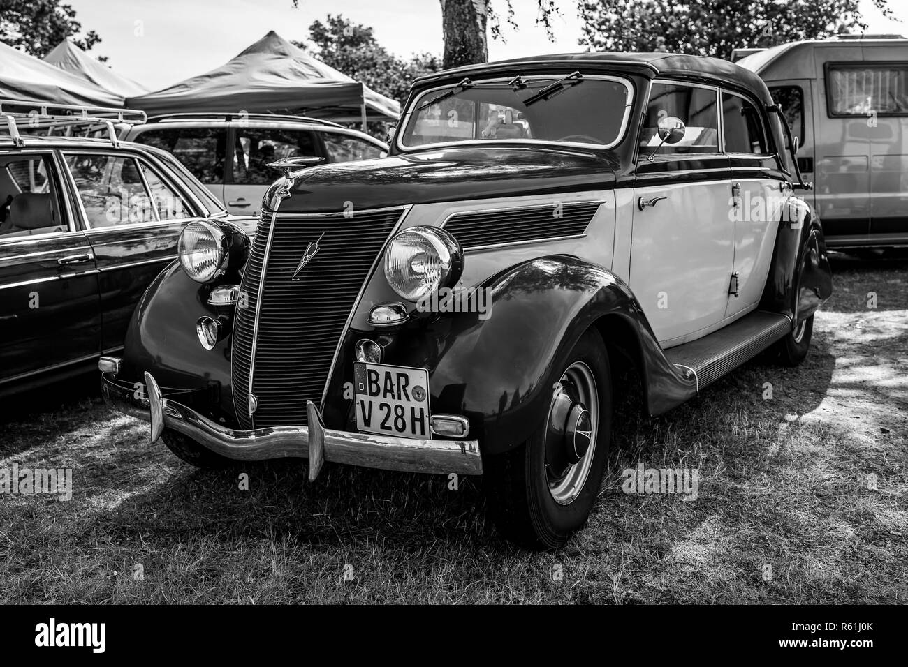 Retro car Ford V8 Cabrio, 1935. Manufactured at Ford Deutschland, Cologne. Black and white. Die Oldtimer Show 2018. Stock Photo