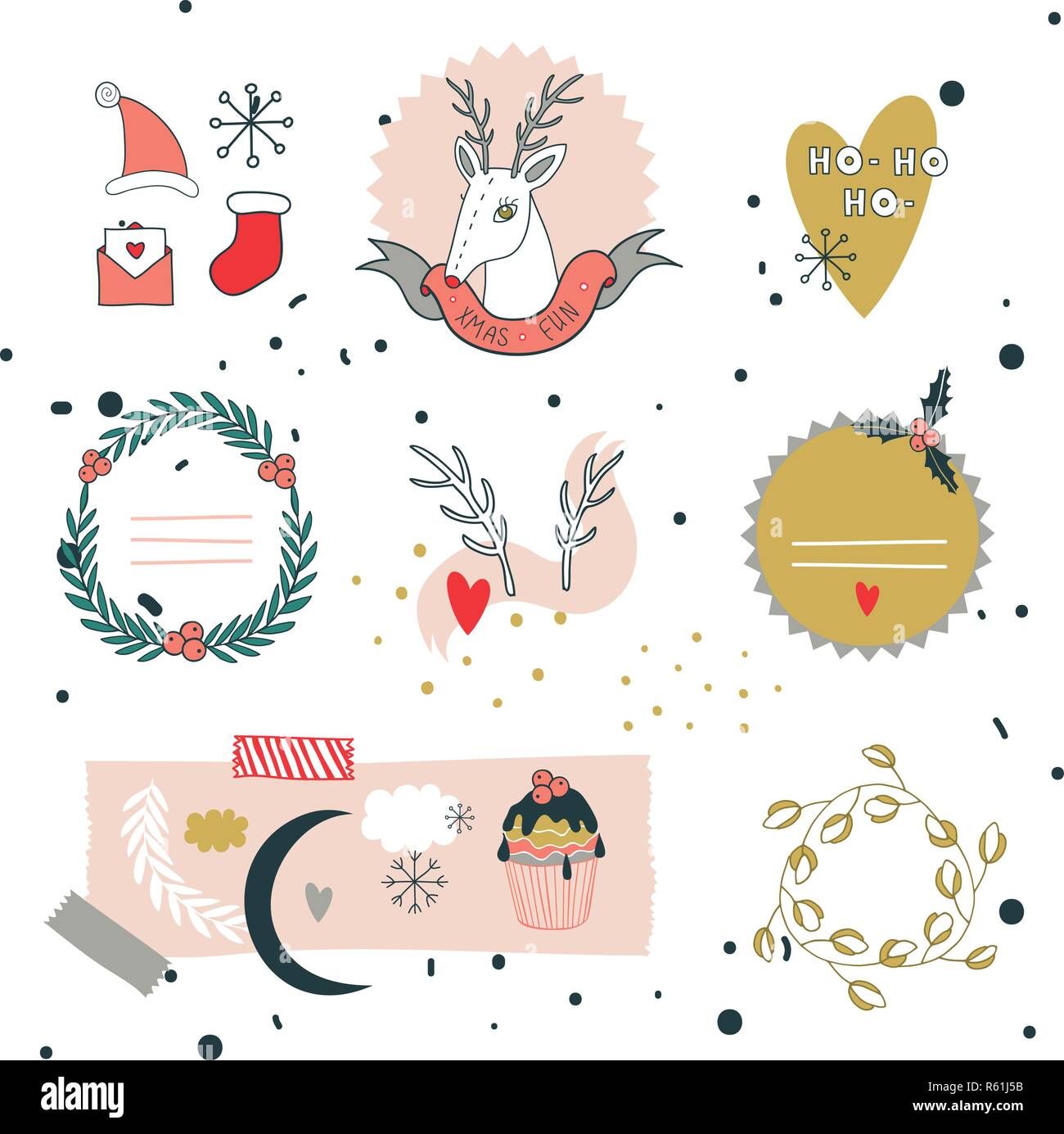 Christmas and New Year hand drawn design elements set Vector ...