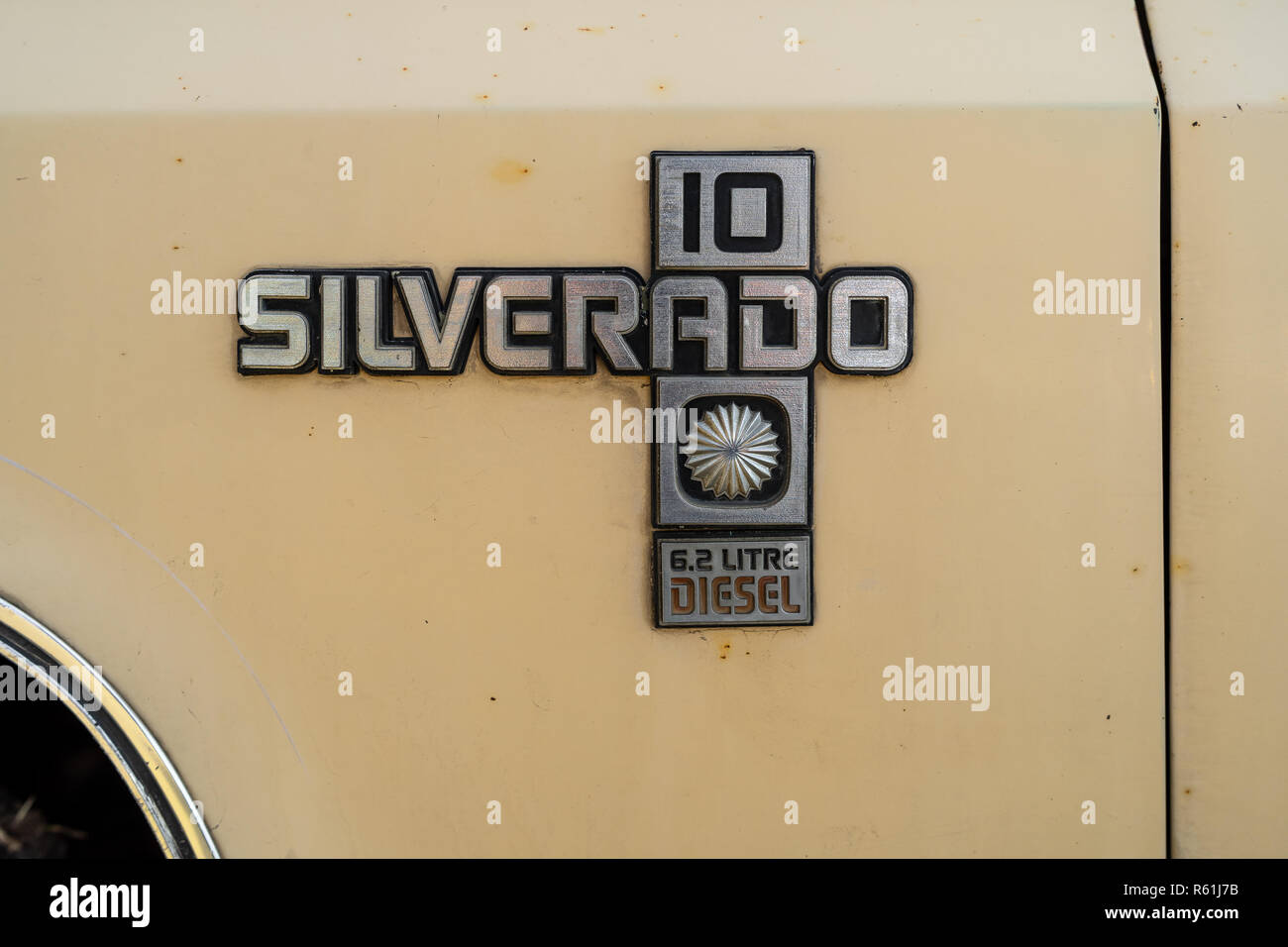 PAAREN IM GLIEN, GERMANY - MAY 19, 2018: Emblem of a full-size pickup truck Chevrolet Silverado C10, 1982. Exhibition 'Die Oldtimer Show 2018'. Stock Photo
