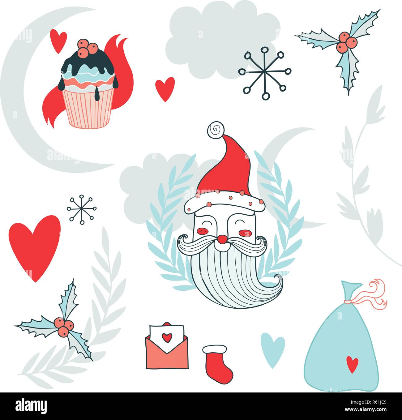 Christmas hand drawn design elements set with Santa Claus Vector ...