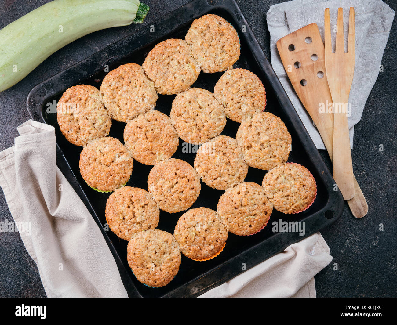 Baking tray with vegetables muffins with zucchini Stock Photo