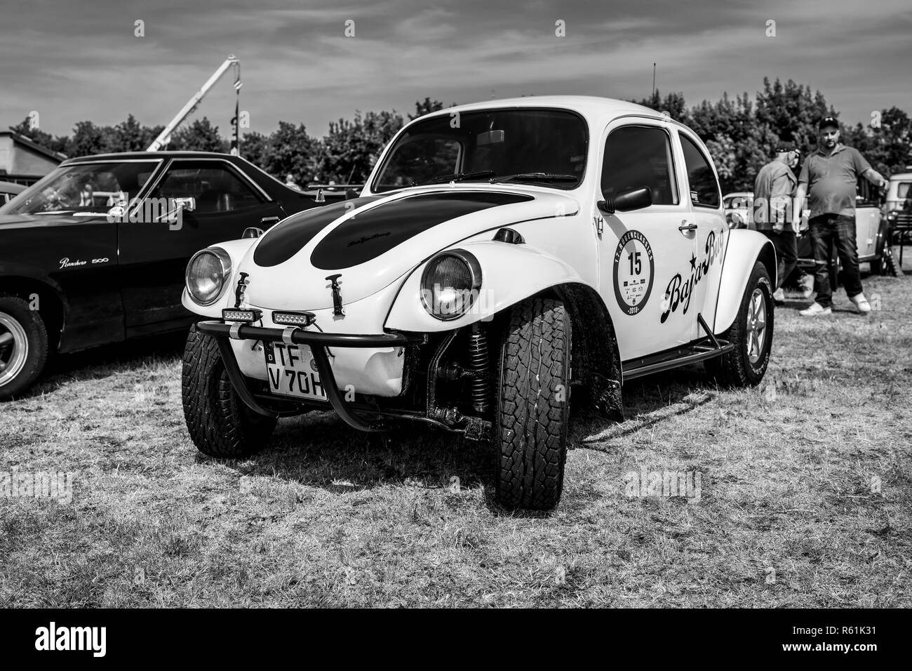 PAAREN IM GLIEN, GERMANY - MAY 19, 2018: A Baja Bug is an original Volkswagen Beetle modified to operate off-road. Black and white. Exhibition 'Die Ol Stock Photo