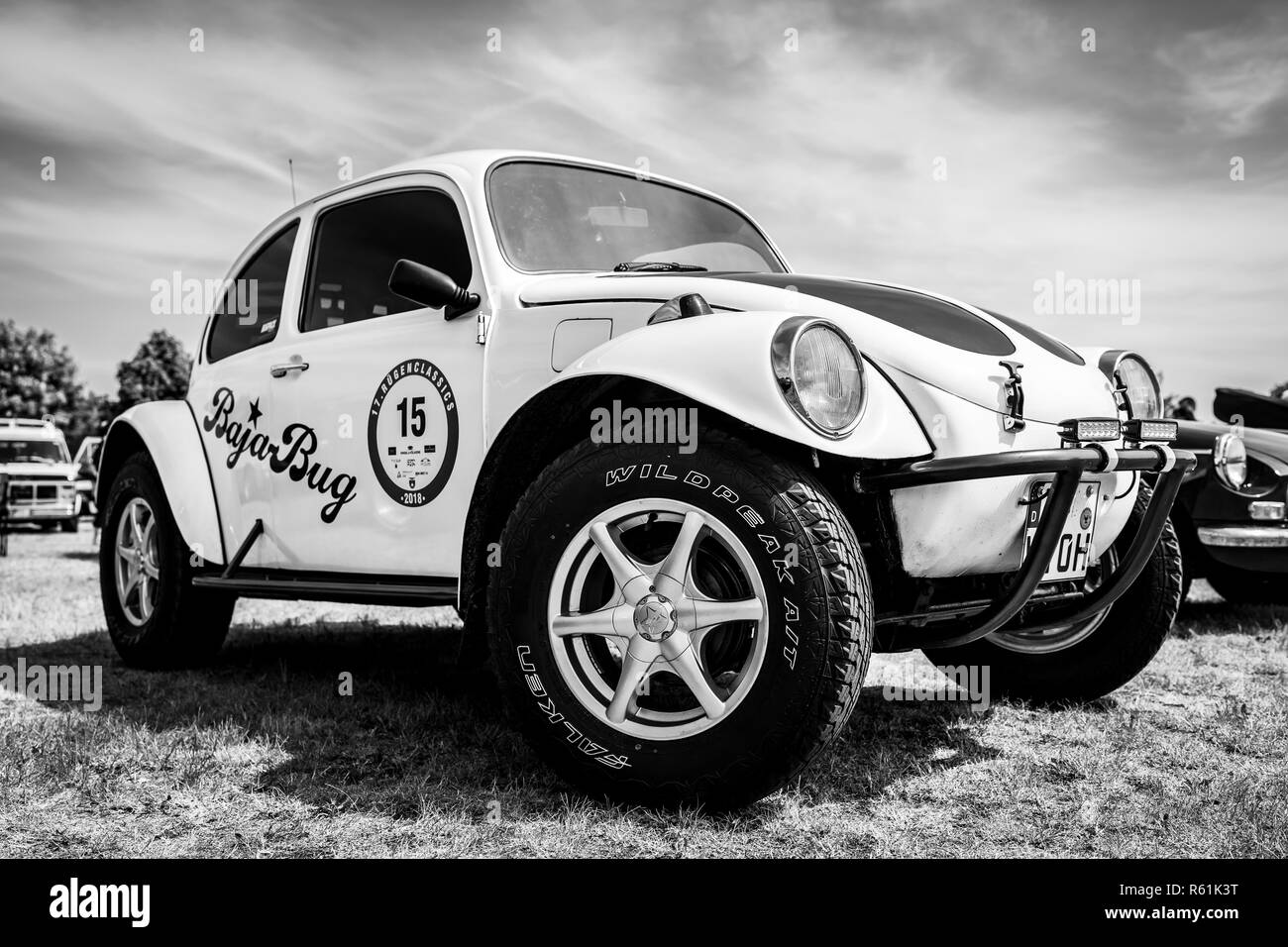 PAAREN IM GLIEN, GERMANY - MAY 19, 2018: A Baja Bug is an original Volkswagen Beetle modified to operate off-road. Black and white. Exhibition 'Die Ol Stock Photo