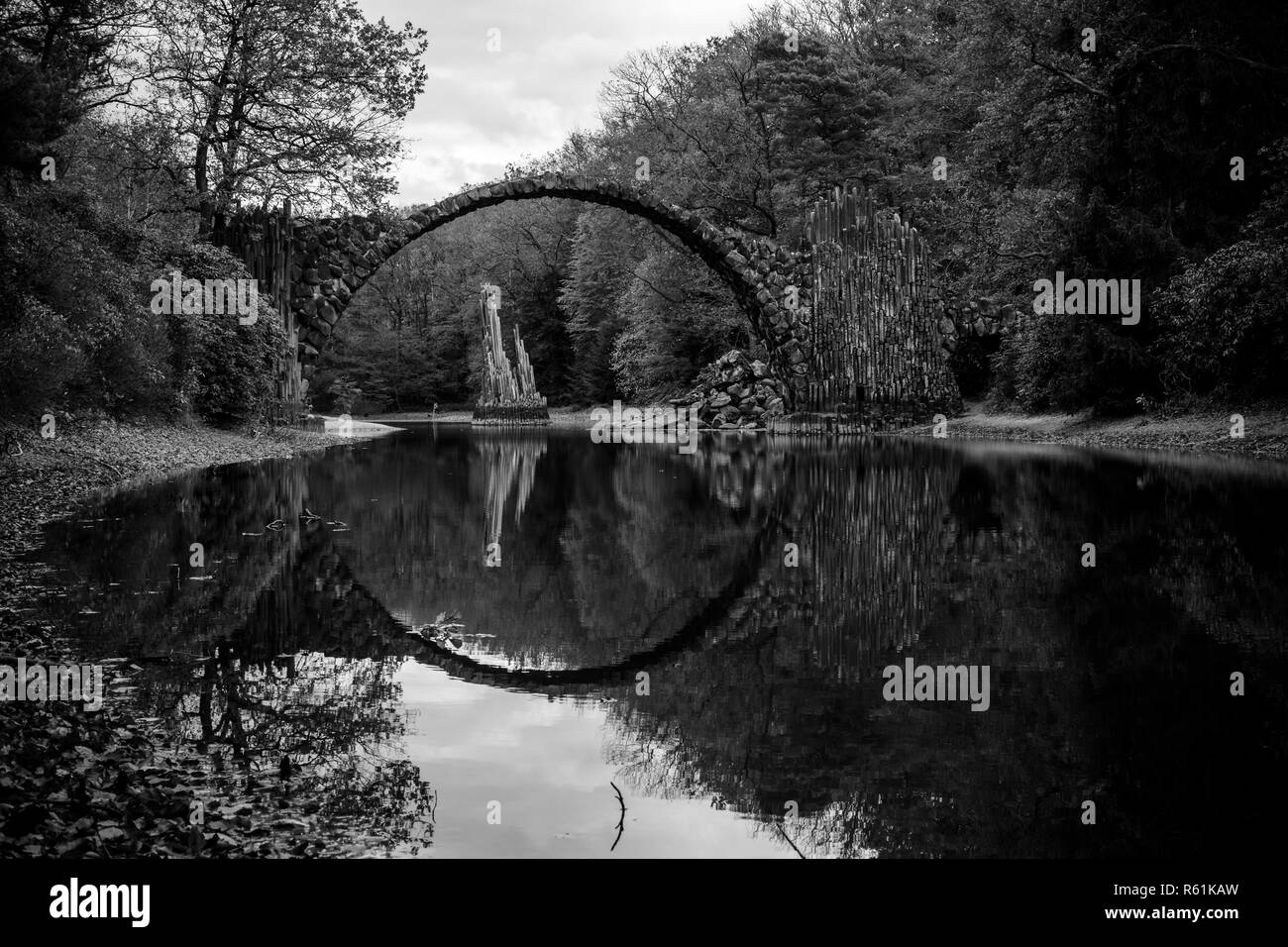 Rakotzbruecke (Devil's Bridge). Rhododendron Park Kromlau. Germany. Black and white. Stock Photo