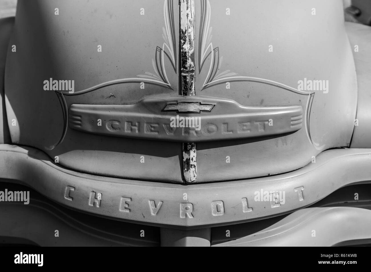 PAAREN IM GLIEN, GERMANY - MAY 19, 2018: Emblem of the pickup truck Chevrolet Advance Design C3100, 1949. Black and white. Die Oldtimer Show 2018. Stock Photo