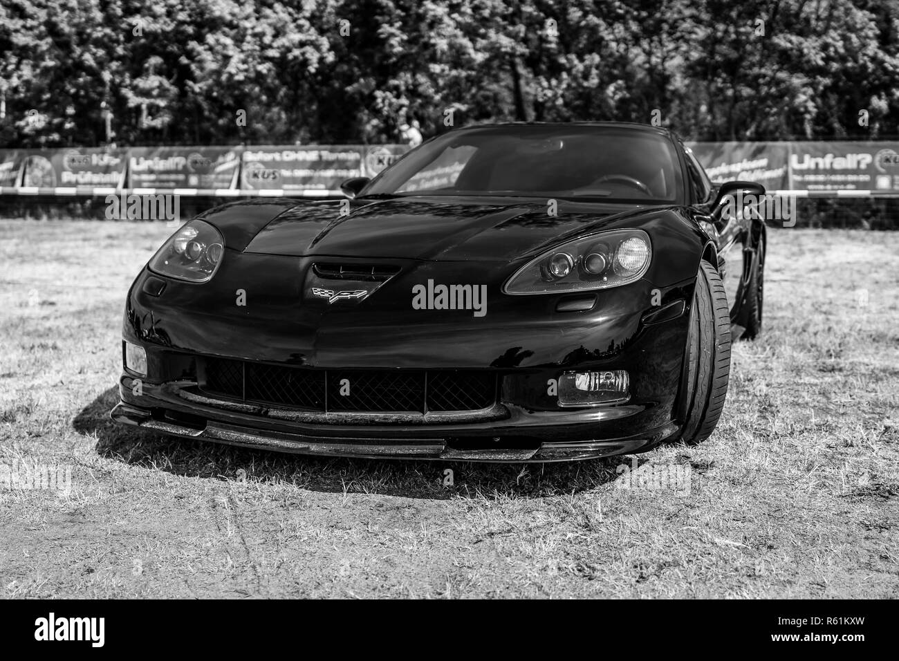 PAAREN IM GLIEN, GERMANY - MAY 19, 2018: Sports car Chevrolet Corvette (C6) Z06 Coupe. Black and white. Die Oldtimer Show 2018. Stock Photo