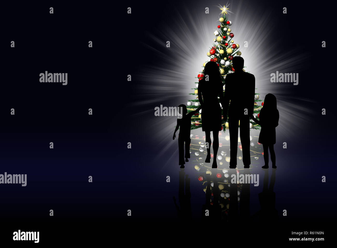3D illustration. Family silhouette with background Christmas tree. Stock Photo
