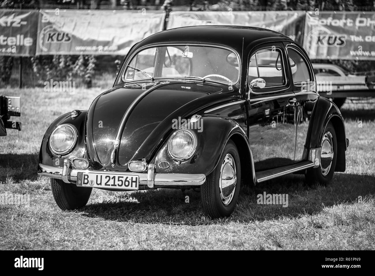 PAAREN IM GLIEN, GERMANY - MAY 19, 2018: Popular subcompact car Volkswagen Beetle. Black and white. Die Oldtimer Show 2018. Stock Photo