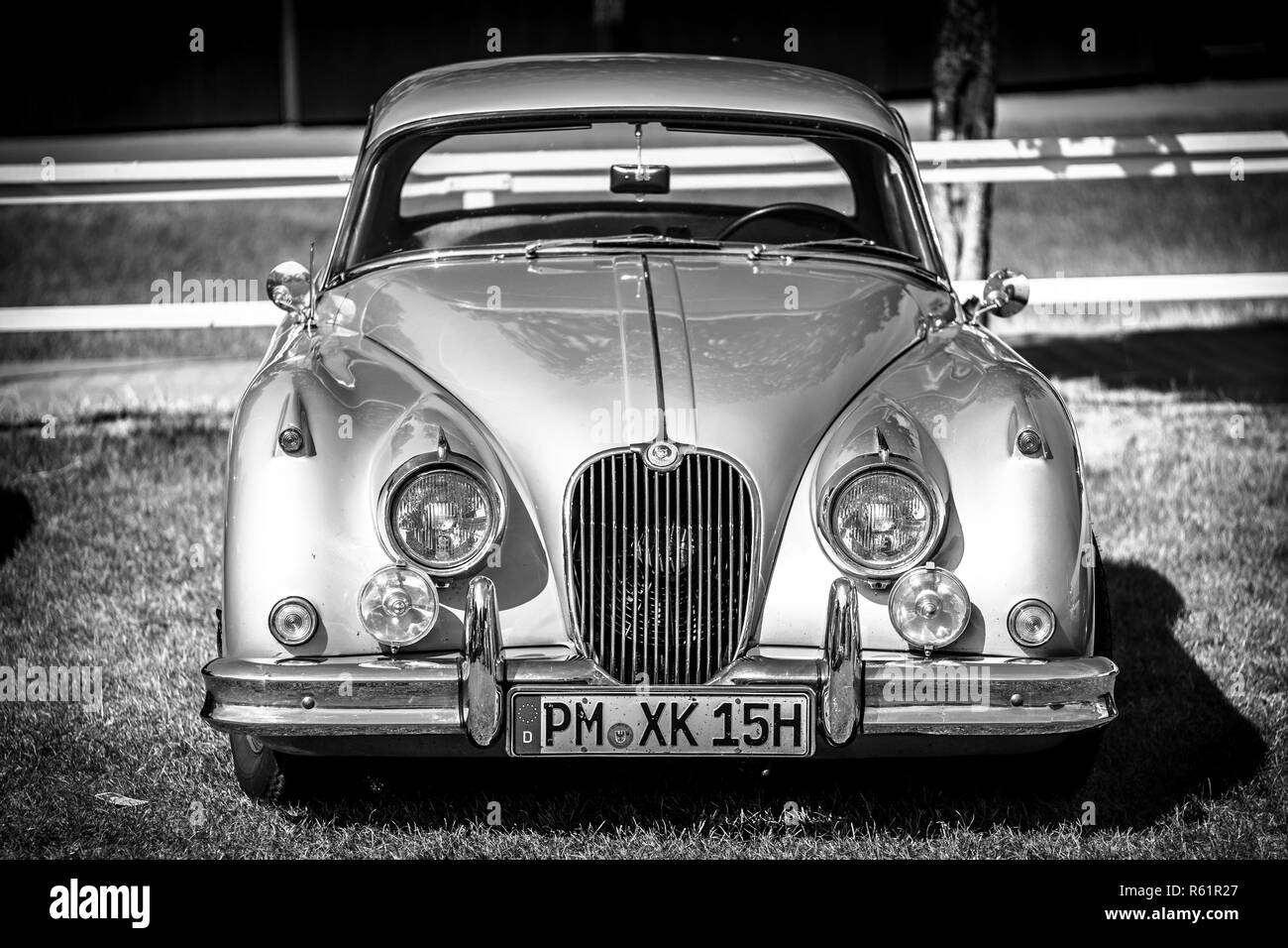 PAAREN IM GLIEN, GERMANY - MAY 19, 2018: Sports car Jaguar XK150 (FHC), 1961. Black and white. Die Oldtimer Show 2018. Stock Photo