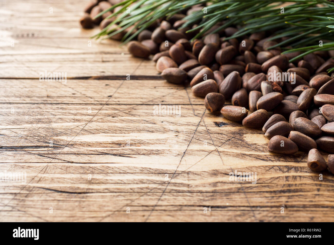 Pine nuts on a wooden background. Selective focus. Copy space. Stock Photo