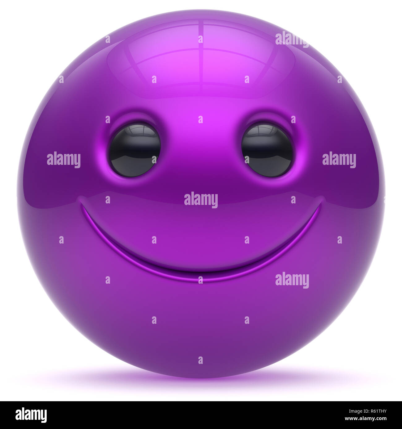 Smile face head ball purple cheerful sphere emoticon cartoon smiley happy decoration cute blue. Smiling funny joyful person laughing joy character toy Stock Photo