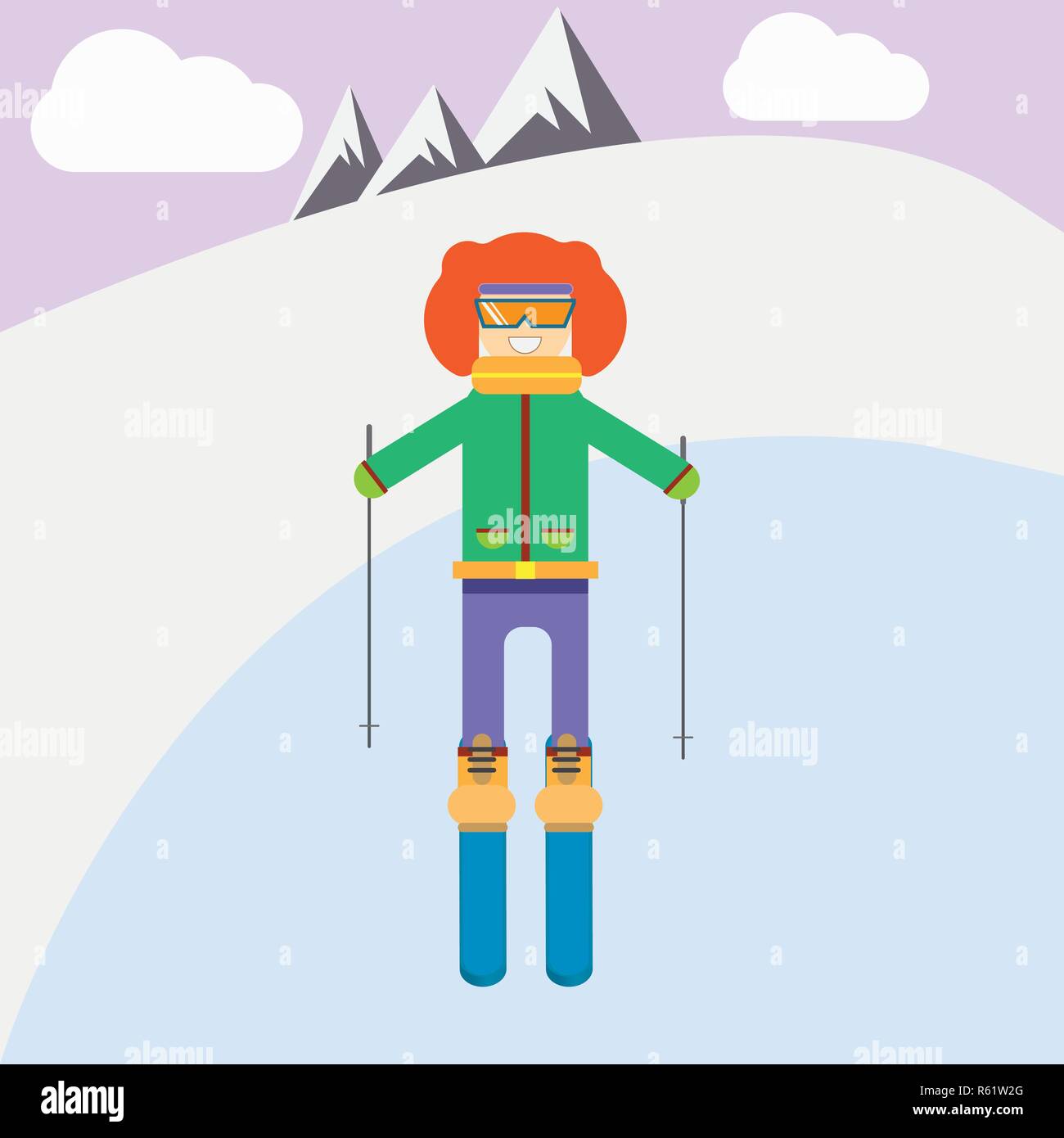 Young woman downhill skiing winter activity vector illustration design. Stock Vector