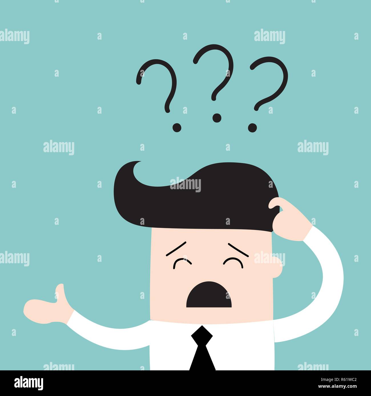 Business man scratches his head in indecision on a question mark. Business concept. Vector illustration Stock Vector