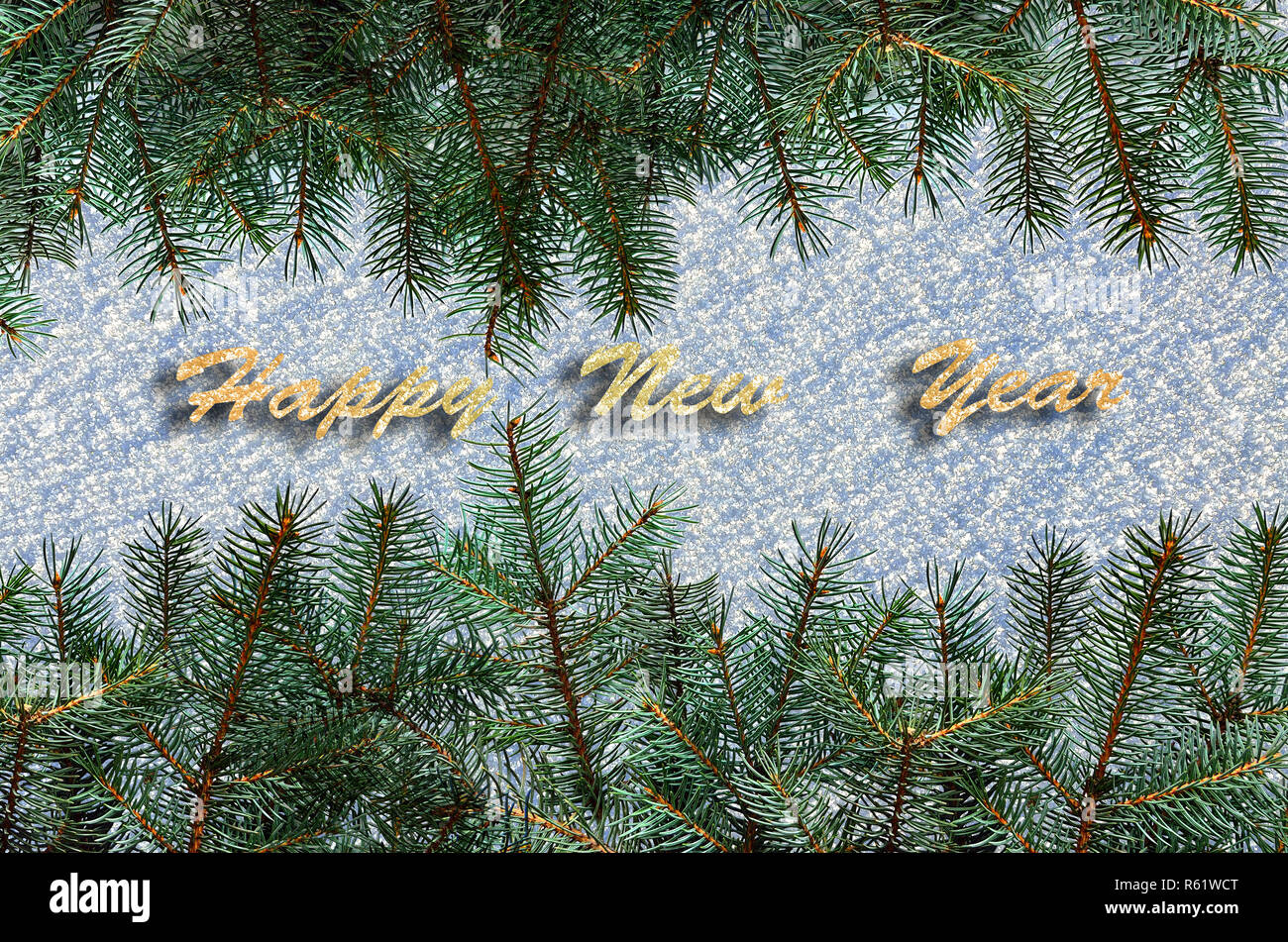 Festive background with green fir tree branches over snow surface and text Happy New Year - greeting card or party invitation template Stock Photo